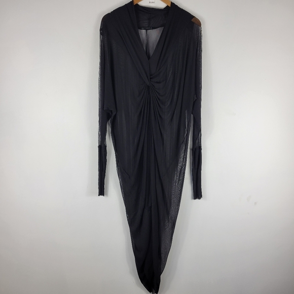 Matthildur Silk Sheer Mesh Ruched Twist Front Batwing Drapey Tapered Midi Dress - Picture 1 of 12